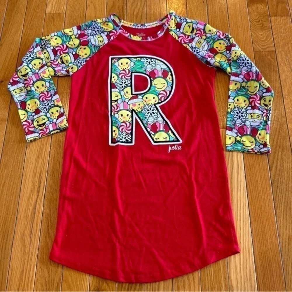 Justice Christmas Emoji Initial Letter “R” Sleep Shirt Nightgown Girl Size 6/7
